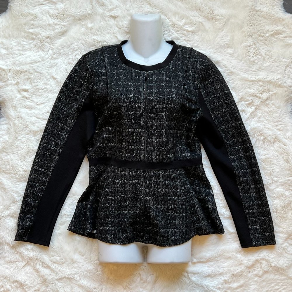 Donna Karan Women's Black Gray Tweed Long Sleeve Peplum Top Size Large
